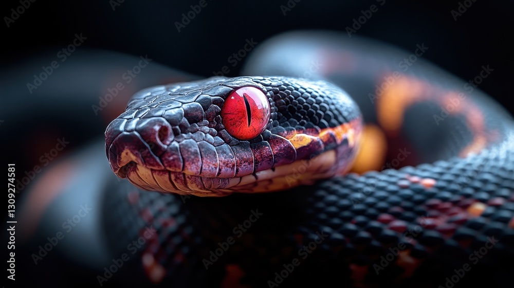Fototapeta premium This dramatic portrait features a snake with strikingly bright coloration and an intense gaze, captured in a manner that emphasizes its captivating beauty and fierce character.