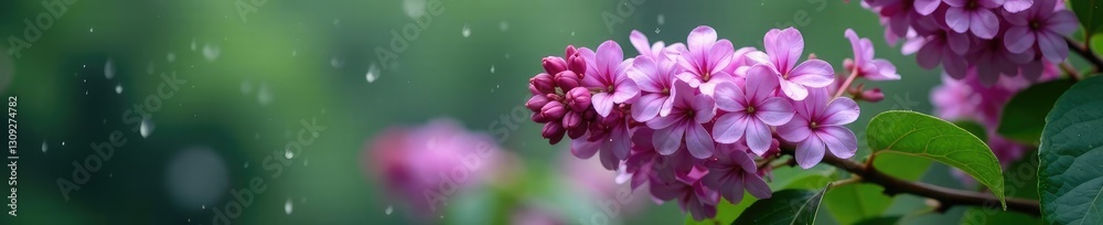 Obraz premium Lilac flowers blooming in the midst of a rainy afternoon, garden, rainy