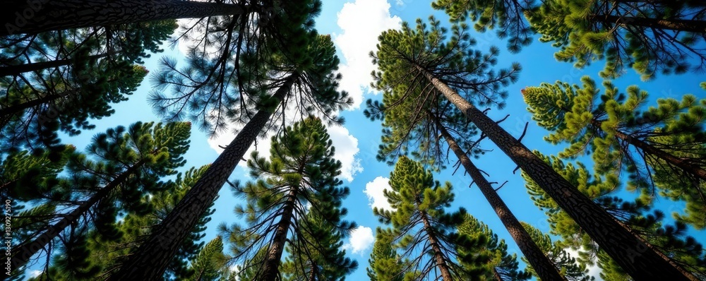 Fototapeta premium Pine trees stretch towards the sky with trunks and branches intertwined, trunks, forest, organic