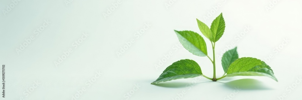 Fototapeta premium Plant with delicate stem and leaves on white surface, foliage, detail
