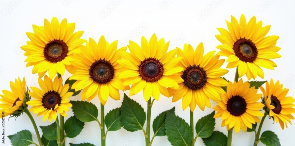 Fototapeta premium Vibrant yellow sunflowers, bright petals, crisp white backdrop, yellow, bright