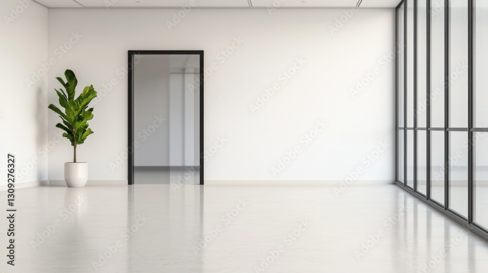 Obraz premium Startup culture growth hacking concept. A bright, minimalist room with a door, large windows, and a potted plant, offering a clean and open aesthetic.