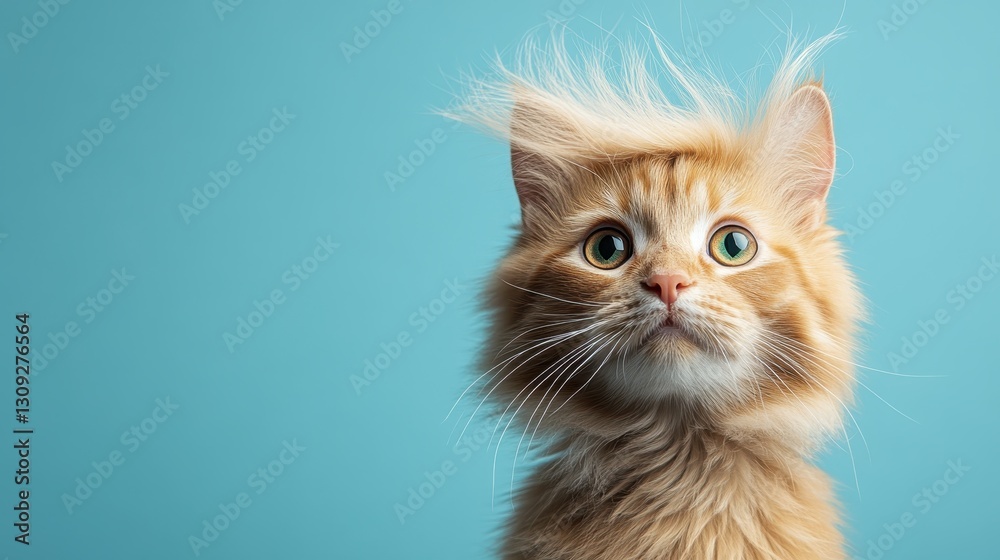 A striking ginger cat with tousled fur stares thoughtfully into the distance, its captivating green eyes reflecting curiosity against a serene blue backdrop. A striking ginger cat with tousled fur stares thoughtfully into the distance, its captivating green eyes reflecting curiosity against a serene blue backdrop.