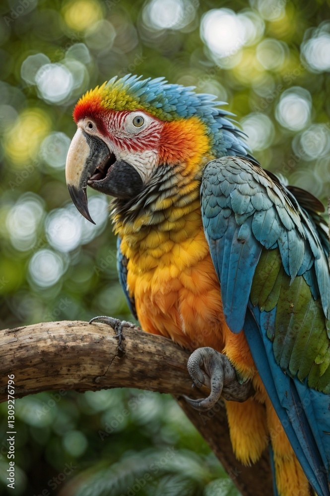blue and yellow macaw Parrot on Branch of Tree