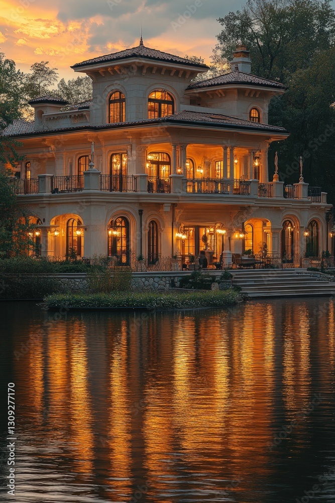 Grand mansion illuminated, reflecting sunset lake. Grand mansion illuminated, reflecting sunset lake.