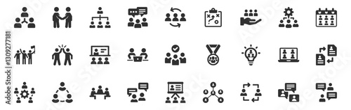 Teamwork and collaboration icon set. Vector glyph pictograms of business, leadership, and communication concepts, meetings, brainstorming, success networking black silhouette illustration.