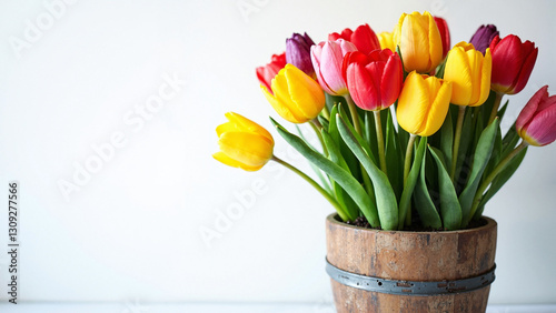 Vibrant Tulips in Rustic Wooden Pot: Perfect for Easter Marketing, Spring Campaigns, Floral Shop Advertisements, and Seasonal Greeting Cards