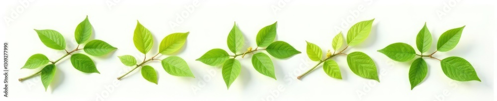 Obraz premium Sprigs of isolated leaves on a plain white background with warm sunlight, leaves, foliage, white