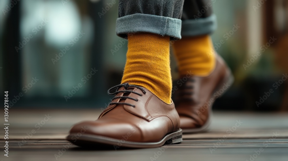A close-up image highlighting stylish brown shoes alongside vibrant yellow socks, symbolizing a fashionable yet cozy approach to everyday wear. A close-up image highlighting stylish brown shoes alongside vibrant yellow socks, symbolizing a fashionable yet cozy approach to everyday wear.