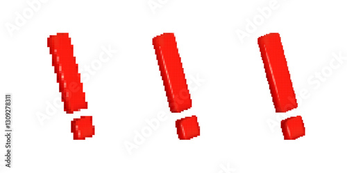 Three pixelated red exclamation marks with a glossy effect, designed in a bold digital typography style