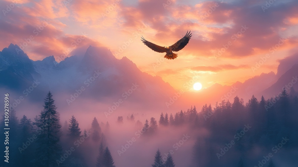 Fototapeta premium Majestic eagle soars sunset mountainscape fog