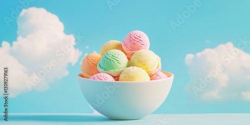 Floating rainbow sherbet ice cream in a bowl on a sky blue background
