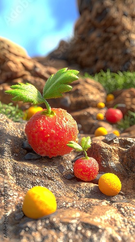 Red fruit, rocky landscape, sunlight, digital art, food illustration