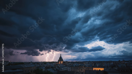 heavy thunderstorm with dramatic lightning strikes over old European city creates striking contrast against dark, ominous clouds