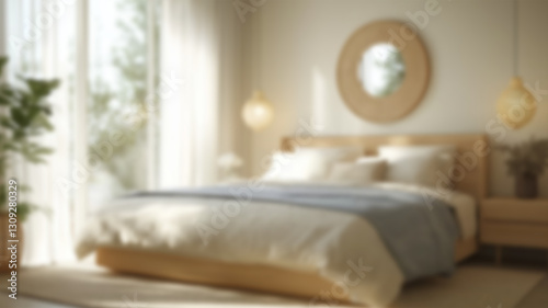 Blurred background of a serene scandinavian bedroom featuring soft lighting, natural wood accents, and peaceful decor. perfect for creating a calming atmosphere in your home. Ai Generated Images