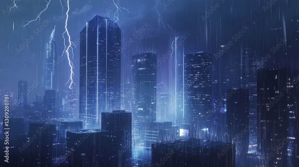 Obraz premium city skyline is illuminated by intense lightning during storm, with rain pouring down and dark clouds overhead, creating dramatic and moody atmosphere