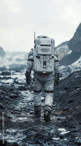 Solitary Astronaut Trekking Across an Alien Landscape