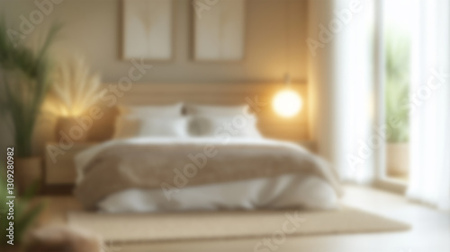 Blurred background of a serene scandinavian bedroom featuring soft lighting  natural wood accents  and peaceful decor. perfect for creating a calming atmosphere in your home. Ai Generated Images