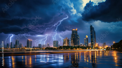 dramatic lightning storm illuminates night sky over modern cityscape, reflecting on wet streets. vibrant lights of skyscrapers contrast with dark, stormy clouds above
