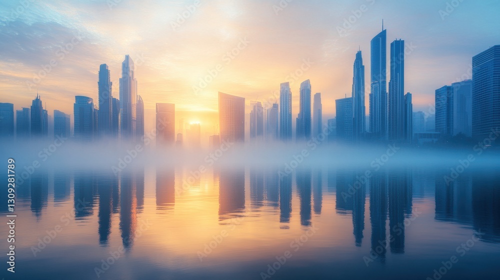 Fototapeta premium Awe-inspiring urban skyline at sunrise with misty reflections. 3D urban landscape