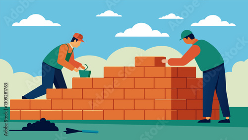 With the help of skilled masons a retaining wall takes on an artistic flair as each brick is carefully p to create a functional yet beautiful barrier. Vector illustration