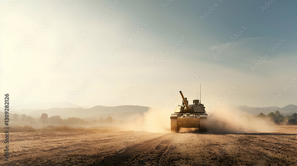 Fototapeta premium Military Tank Driving Across Dusty Field During Sunny Daylight Hours