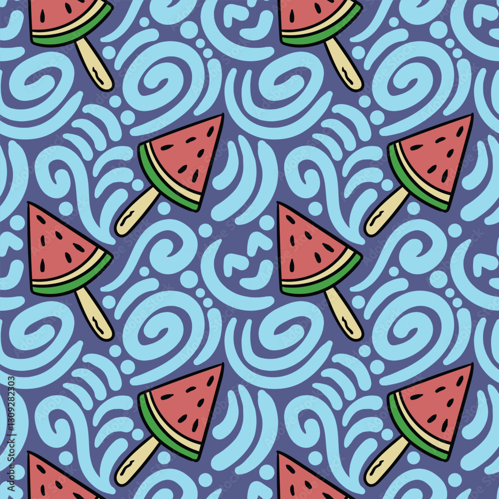Naklejka premium Watermelon ice cream seamless pattern with blue doodle surroundings.