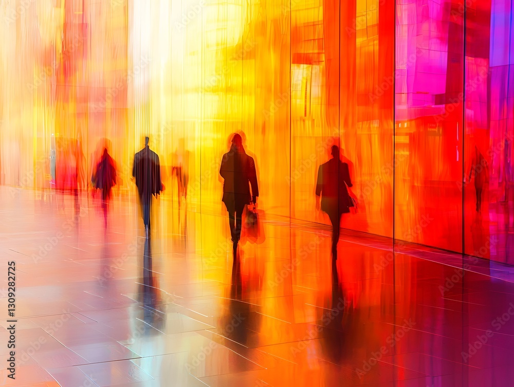 Business professionals commute through colorful glass building in urban setting during sunset hours Business professionals commute through colorful glass building in urban setting during sunset hours