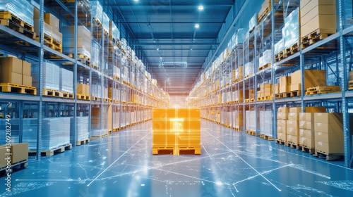 modern warehouse with automated logistics features glowing pallet in center, symbolizing digital transformation and AI driven supply chain management