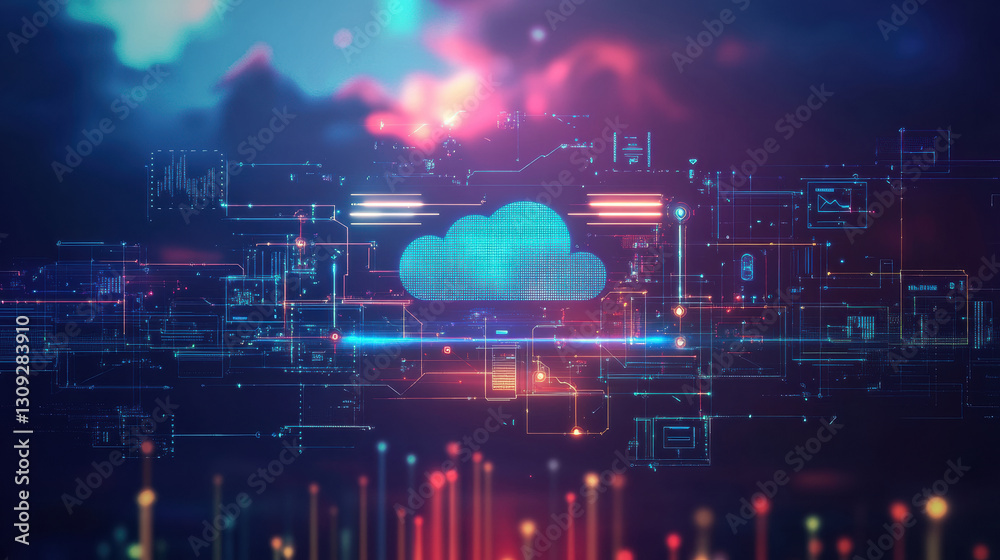 Fototapeta premium digital cloud icon is surrounded by abstract technology elements, symbolizing digital transformation and smart business evolution. vibrant colors and futuristic design convey innovation and