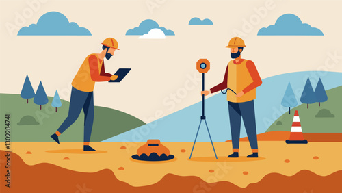 Using a groundtrating radar a team of geologists is scanning the site to locate any potential underground hazards or unstable areas.. Vector illustration