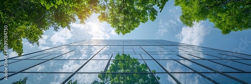 Looking up at a modern glass building surrounded by lush trees and a clear blue sky on a sunny day
