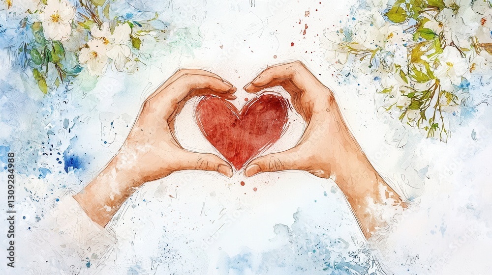 custom made wallpaper toronto digitalA soft yet vivid watercolor painting depicting hands gently forming a heart shape symbolizing love care and compassion