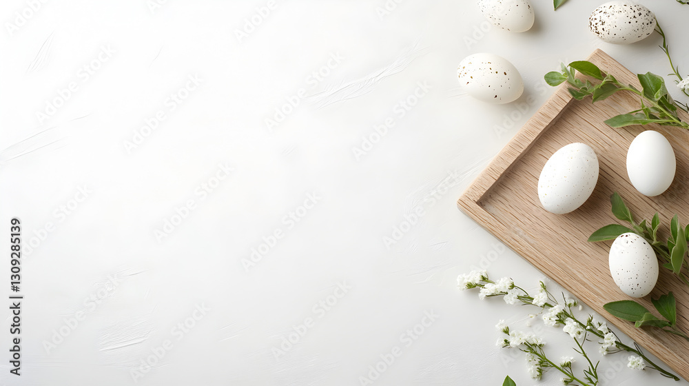 Minimalist Easter composition with a rustic wooden tray, speckled eggs, and delicate floral decorations. Ideal for seasonal branding, greeting cards, or product photography. Selective focus Minimalist Easter composition with a rustic wooden tray, speckled eggs, and delicate floral decorations. Ideal for seasonal branding, greeting cards, or product photography. Selective focus