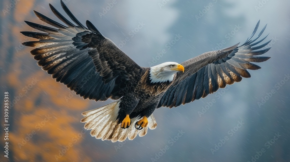 Fototapeta premium Majestic eagle soaring, wings spread wide, rain falling.