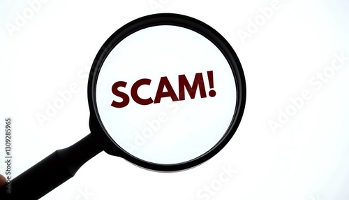 Magnifying glass revealing the word 'scam' emphasizing fraud photo
