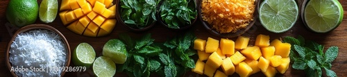 Mango lime mint and coconut flakes ingredients on a wooden table. Generative AI photo