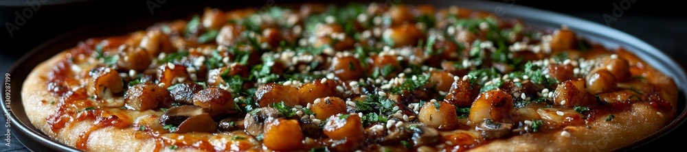 Japanese-Inspired Pizza with Mushrooms and Sesame Seeds. Generative AI Japanese-Inspired Pizza with Mushrooms and Sesame Seeds. Generative AI