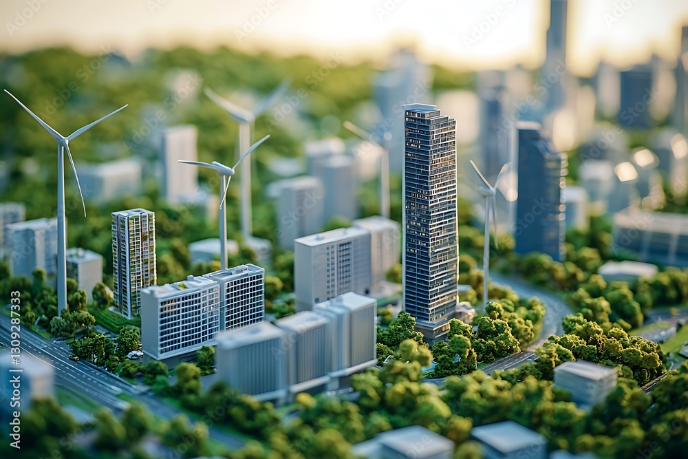 Obraz premium A clean energy city planning session featuring turbines solar panels and building models