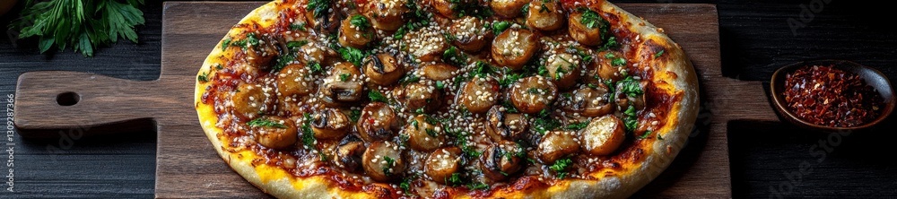 Japanese-inspired pizza with shiitake mushrooms and miso glaze topped with sesame seeds and herbs. Generative AI Japanese-inspired pizza with shiitake mushrooms and miso glaze topped with sesame seeds and herbs. Generative AI