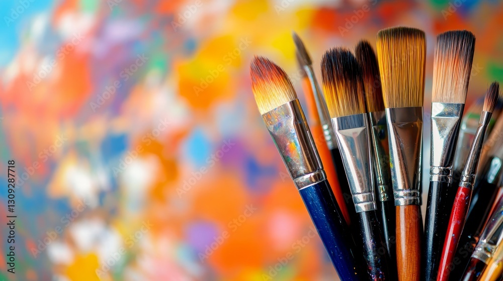Colorful artist paintbrushes arranged in a holder with a vibrant abstract background of paint splashes Colorful artist paintbrushes arranged in a holder with a vibrant abstract background of paint splashes