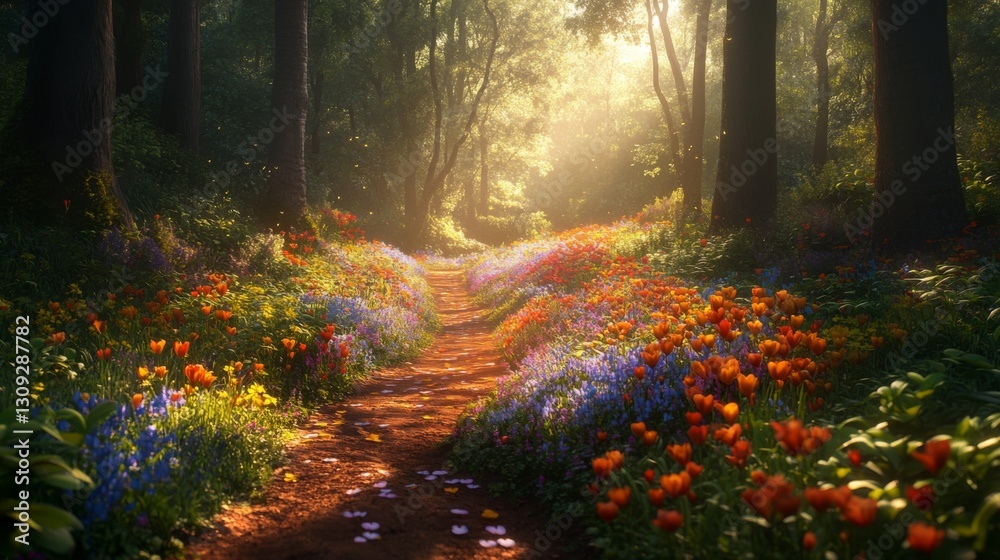 Obraz premium Sunlit Forest Path with Colorful Spring Flowers