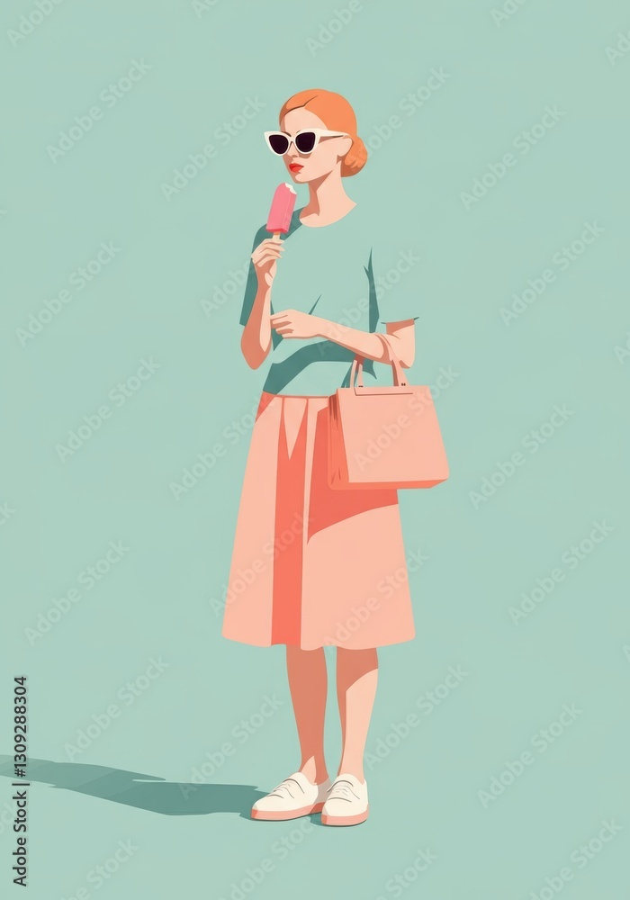 Obraz premium Stylish woman enjoying a pink ice cream cone on a sunny day