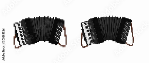 Two unique accordions display varied designs and keys, highlighting diverse musical styles and sounds.