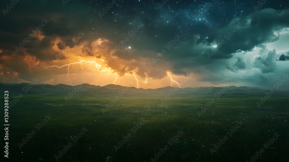 Fototapeta premium A wide, grassy plain with dark storm clouds and lightning in the distance 