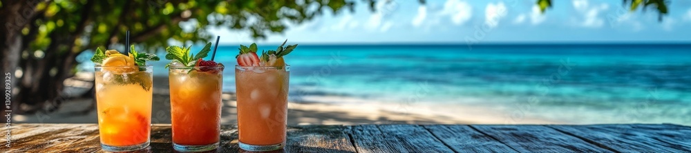 Tropical Refreshing Cocktails with Mint and Fruit Garnishes. Generative AI Tropical Refreshing Cocktails with Mint and Fruit Garnishes. Generative AI
