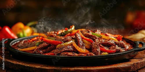 Floating sizzling beef fajitas with peppers on a rich terracotta background
