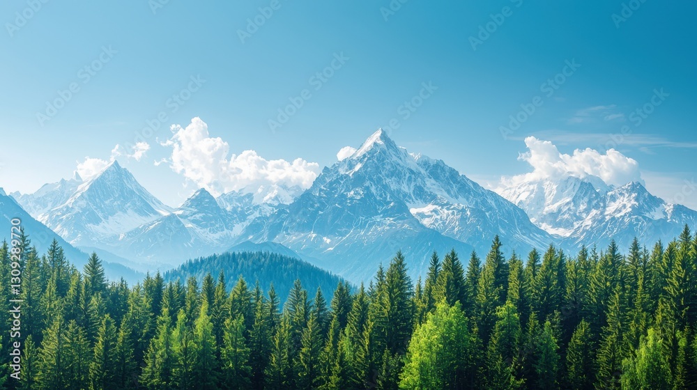 snow-capped mountain range under a clear blue sky, pine trees in the foreground, expansive view offering ample copy space, crisp and serene environment snow-capped mountain range under a clear blue sky, pine trees in the foreground, expansive view offering ample copy space, crisp and serene environment