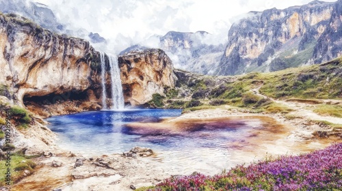 Enchanting Heart Shaped Waterfall Cascading into a Serene Mountain Valley with Reflective Lake Rugged Cliffs and Lush Foliage  A Surreal Dreamlike Natural Wonder