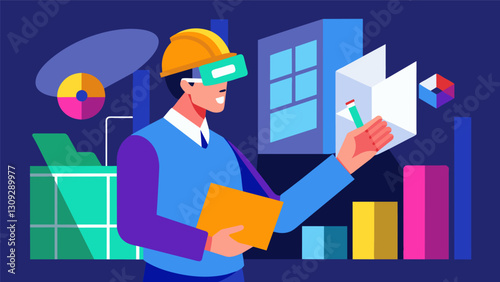 With the help of a VR headset an architect can test different color schemes and finishes for a commercial building ensuring the most visually. Vector illustration